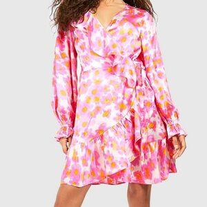 Floral Satin Ruffle Wrap Skater Dress